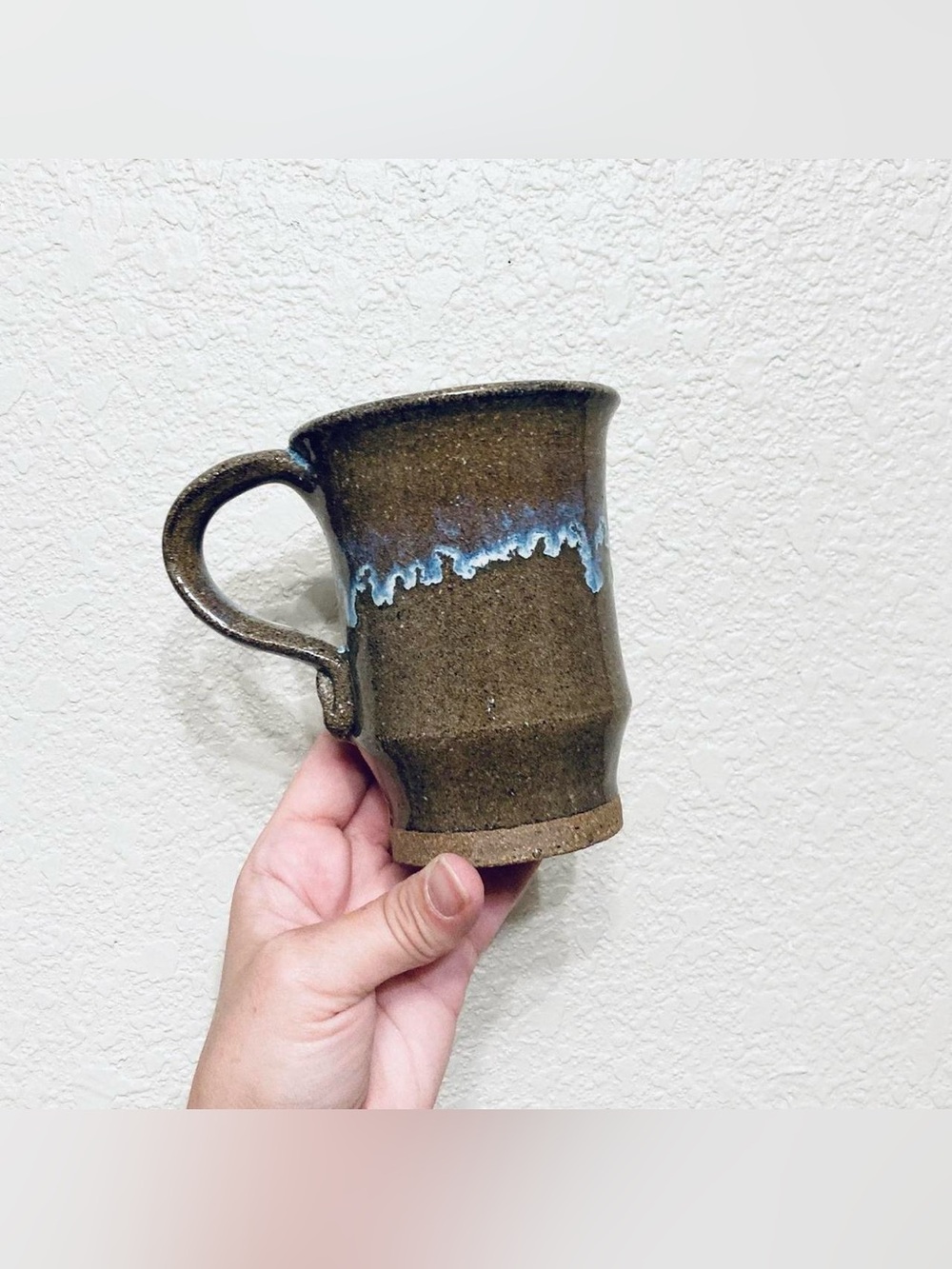 VTG Hand Made studio Pottery Coffee Mug Blue Drip Glaze Stoneware Rustic
